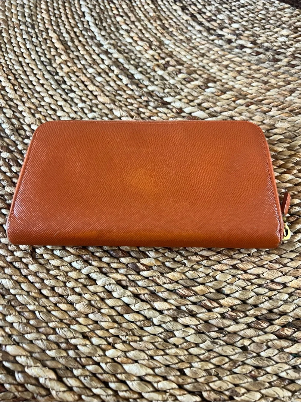 PRADA Orange Saffiano Leather Zip Around Continental Wallet